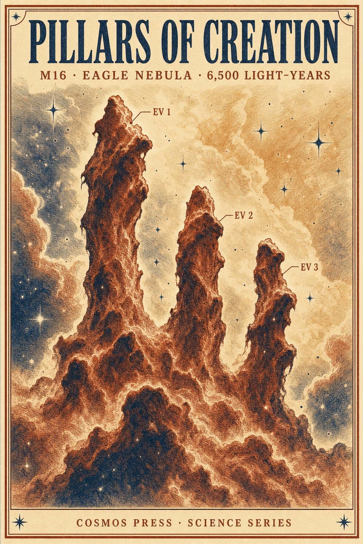 Close-up of Pillars of Creation poster — detailed engraved illustration of the three EV1, EV2, EV3 gas columns with vintage serif typography