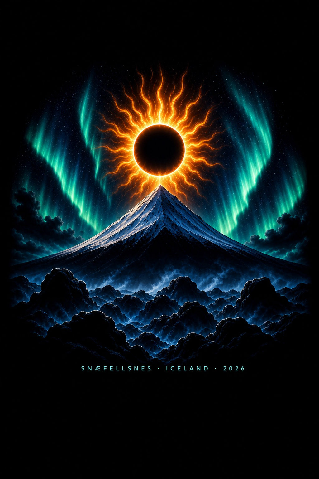 Close-up of snæfellsnes eclipse 2026 design — white serif headline, Snæfellsjökull glacier-volcano silhouette in white and warm gold, radiating eclipse corona, totality coordinates on black garment (Design B)