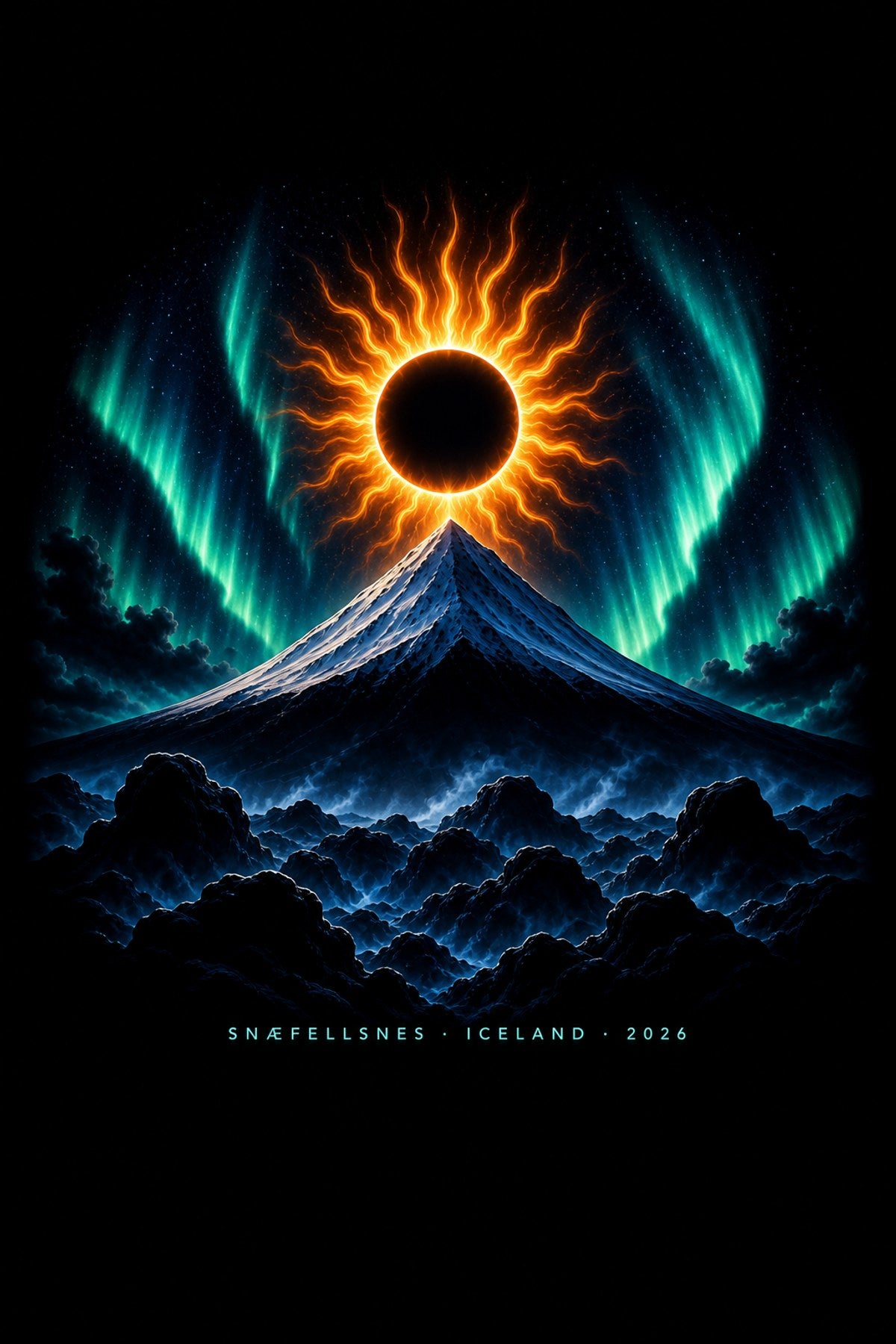 Close-up of snæfellsnes eclipse 2026 design — white serif headline, Snæfellsjökull glacier-volcano silhouette in white and warm gold, radiating eclipse corona, totality coordinates on black garment (Design B)