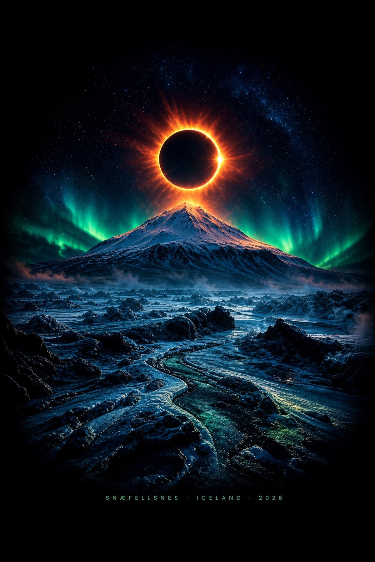 Close-up of snæfellsnes eclipse 2026 design — white serif headline, Snæfellsjökull glacier-volcano silhouette in white and warm gold, radiating eclipse corona, totality coordinates on black garment