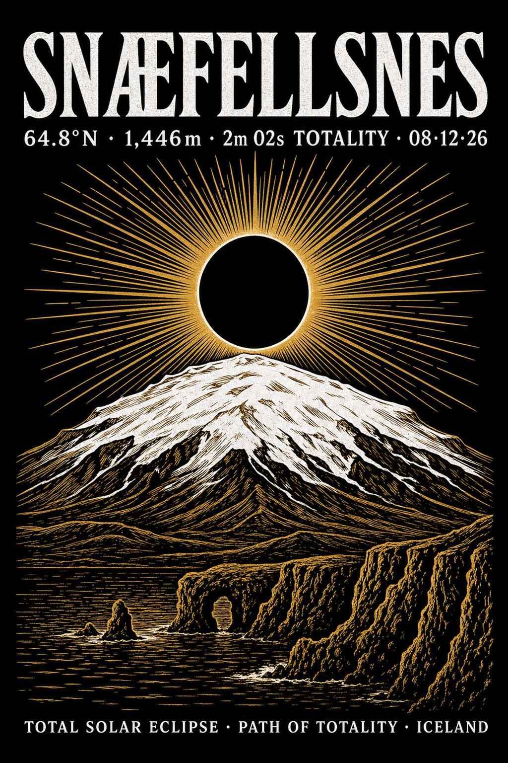 Close-up of Snæfellsnes eclipse 2026 poster design — bold serif SNÆFELLSNES headline, coordinate data, eclipse-over-volcano woodcut illustration, gold/white on black