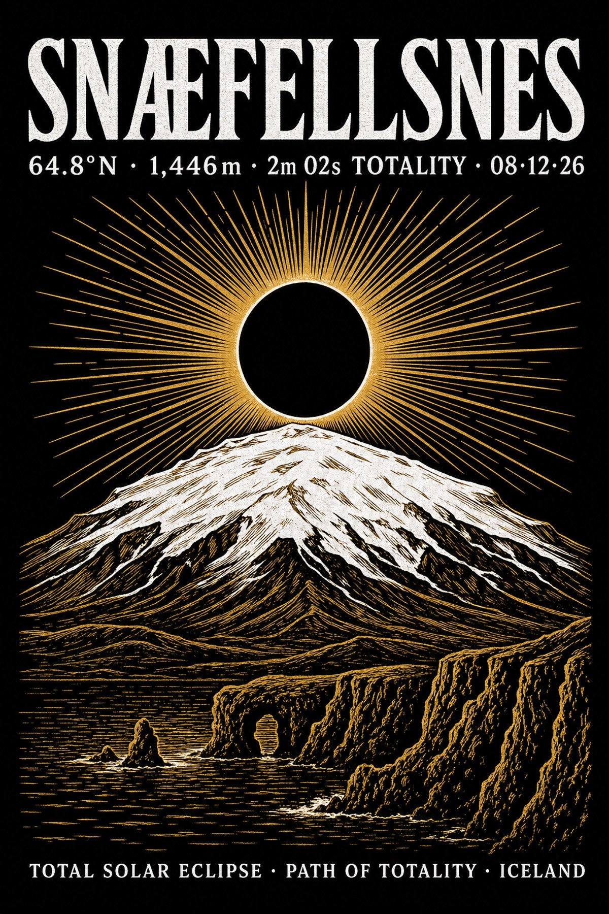 Close-up of Snæfellsnes eclipse 2026 poster design — bold serif SNÆFELLSNES headline, coordinate data, eclipse-over-volcano woodcut illustration, gold/white on black