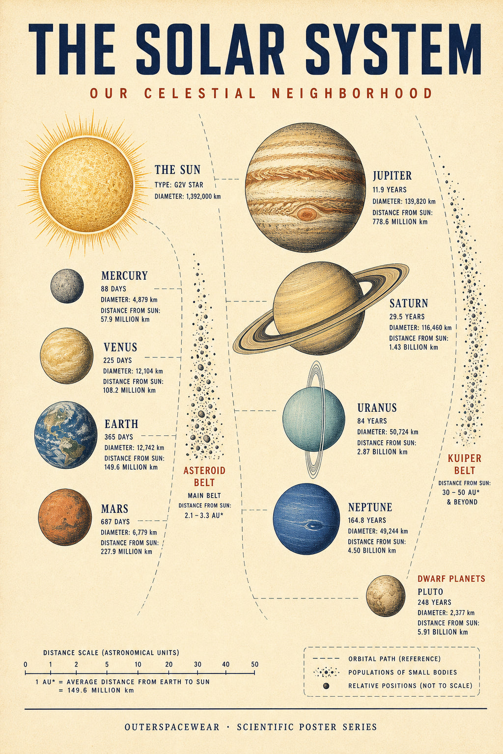 Flat solar system art print, 18x24 inches, vintage scientific chart aesthetic — cream paper, navy and gold typography, planets in orbital order with diameter, distance, and period stats labeled, Outerspacewear Scientific Poster Series imprint at bottom