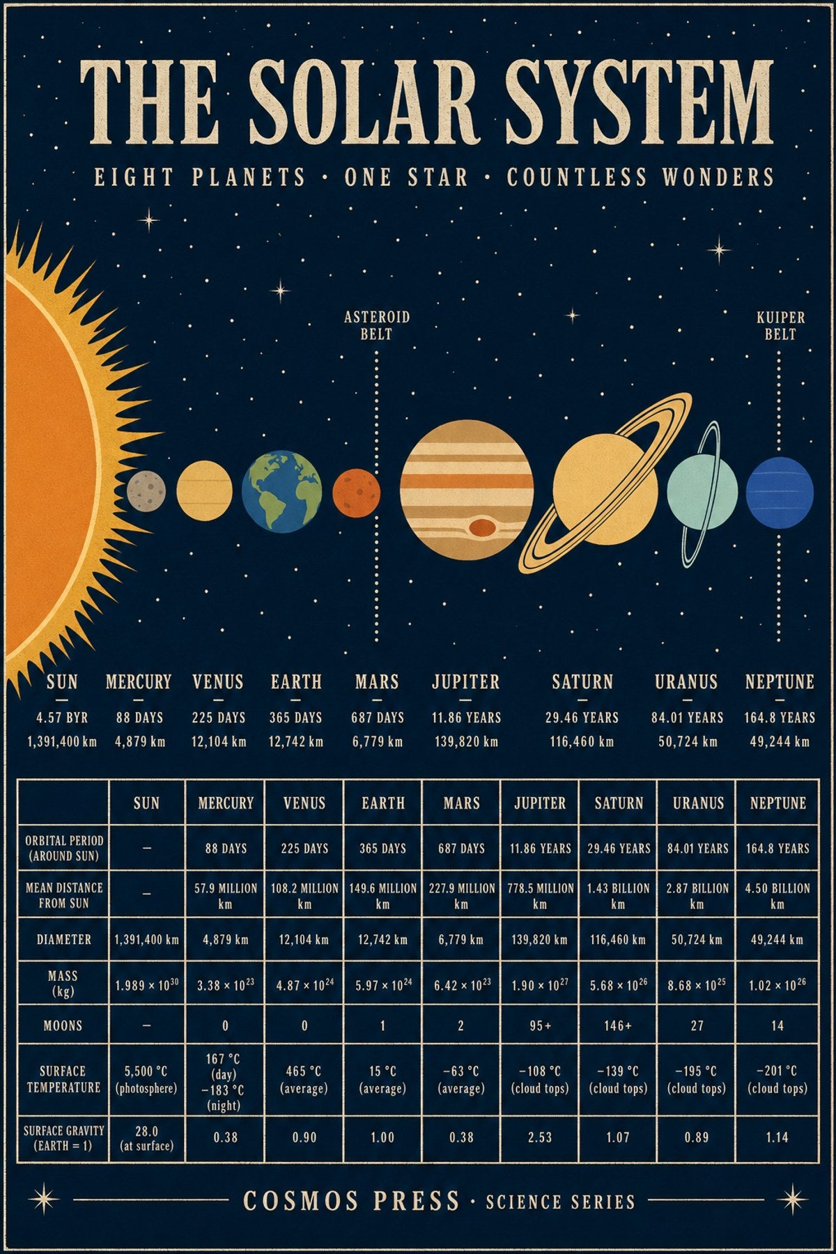Close-up of solar system poster — flat illustrated Mercury through Neptune with Saturn's rings and Jupiter's Great Red Spot, labeled with orbital periods