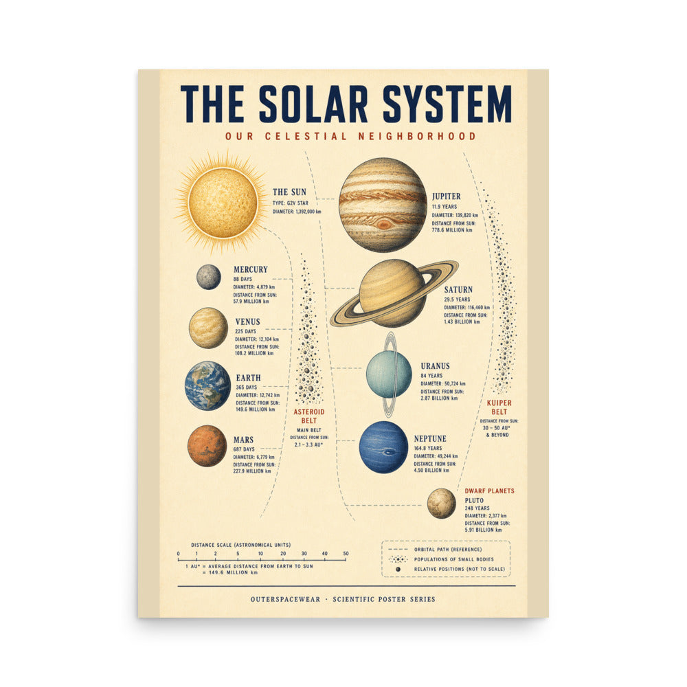 Framed Solar System poster on a light wall showing all eight planets and Pluto in a vintage NASA chart style with cream background, navy and rust palette, and per-planet astronomical data annotations