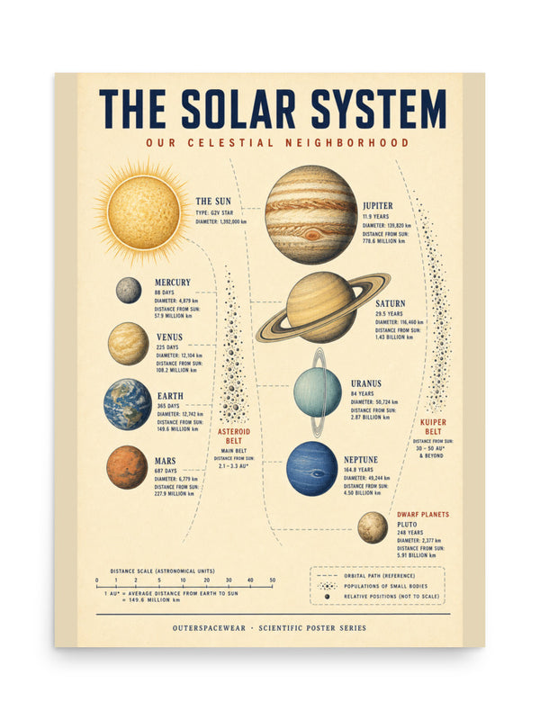 Framed Solar System poster on a light wall showing all eight planets and Pluto in a vintage NASA chart style with cream background, navy and rust palette, and per-planet astronomical data annotations