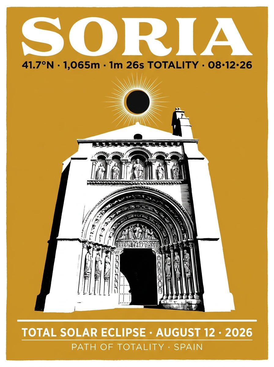 Flat lay of the Soria Eclipse 2026 art print on Enhanced Matte Paper — vintage WPA style, gold field, white Romanesque façade silhouette, bold serif SORIA headline, August 12 2026 footer
