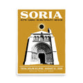 Framed 18x24 Soria Eclipse 2026 poster hanging on a white wall, showing a warm gold background with white silhouette of the Iglesia de Santo Domingo portal and a black eclipse disc with white corona above it