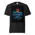 Black Comfort Colors tee with snæfellsnes eclipse 2026 vertical chest print — Snæfellsjökull volcano silhouette, gold corona, coordinate stack 64.8°N 1446m 2m 02s totality 08·12·26