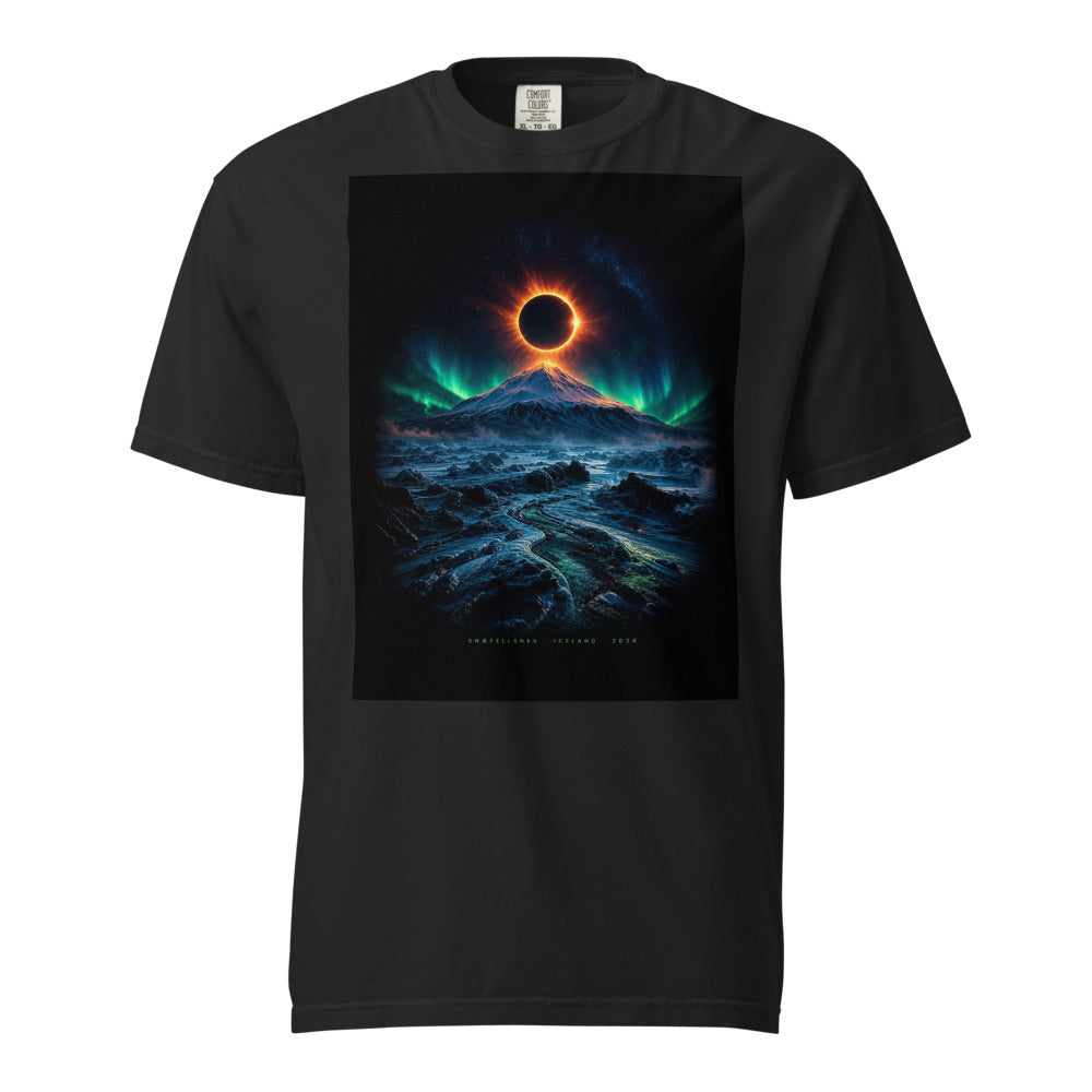 Black Comfort Colors tee with snæfellsnes eclipse 2026 vertical chest print — Snæfellsjökull volcano silhouette, gold corona, coordinate stack 64.8°N 1446m 2m 02s totality 08·12·26