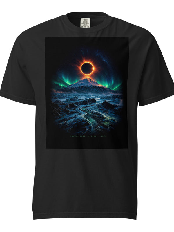 Black Comfort Colors tee with snæfellsnes eclipse 2026 vertical chest print — Snæfellsjökull volcano silhouette, gold corona, coordinate stack 64.8°N 1446m 2m 02s totality 08·12·26