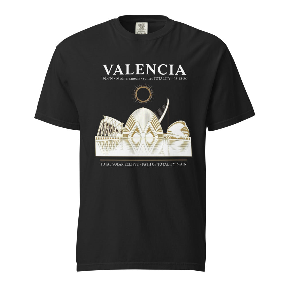 Valencia Eclipse 2026 tee on Comfort Colors black — enlarged chest print