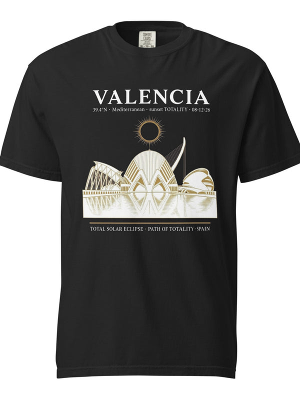 Valencia Eclipse 2026 tee on Comfort Colors black — enlarged chest print