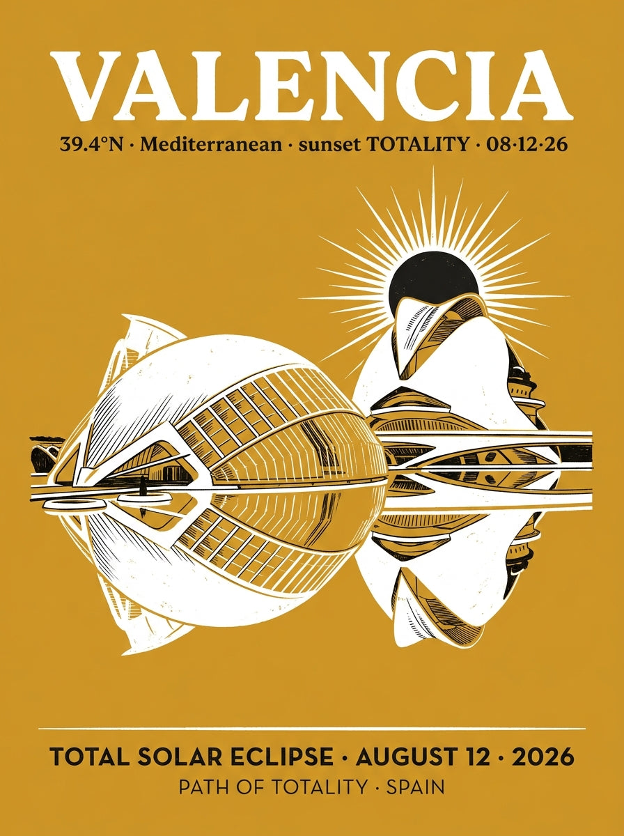 Valencia Eclipse 2026 poster design — full-bleed gold background, white Calatrava modernist domes reflected in rectangular pools, black eclipse disc with white corona, bold serif VALENCIA headline, August 12 2026 path of totality footer