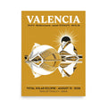 Framed 18x24 Valencia Eclipse 2026 poster hanging on a white wall — warm gold background with white City of Arts and Sciences silhouette and black solar eclipse disc above