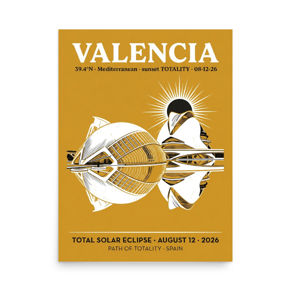 Framed 18x24 Valencia Eclipse 2026 poster hanging on a white wall — warm gold background with white City of Arts and Sciences silhouette and black solar eclipse disc above