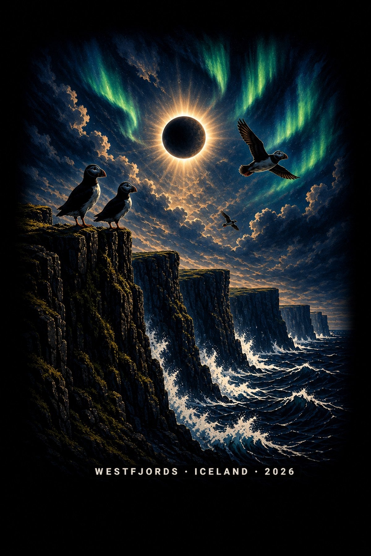 Close-up of the Westfjords 2026 Total Solar Eclipse graphic on black tee, showing Látrabjarg cliffs, totality duration 2m 14s, sea level elevation, and Iceland location text (Design B)