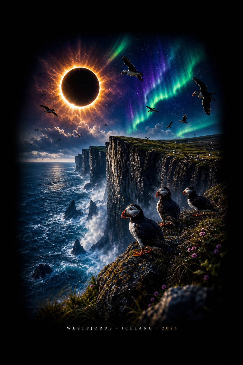 Close-up of the Westfjords 2026 Total Solar Eclipse graphic on black tee, showing Látrabjarg cliffs, totality duration 2m 14s, sea level elevation, and Iceland location text