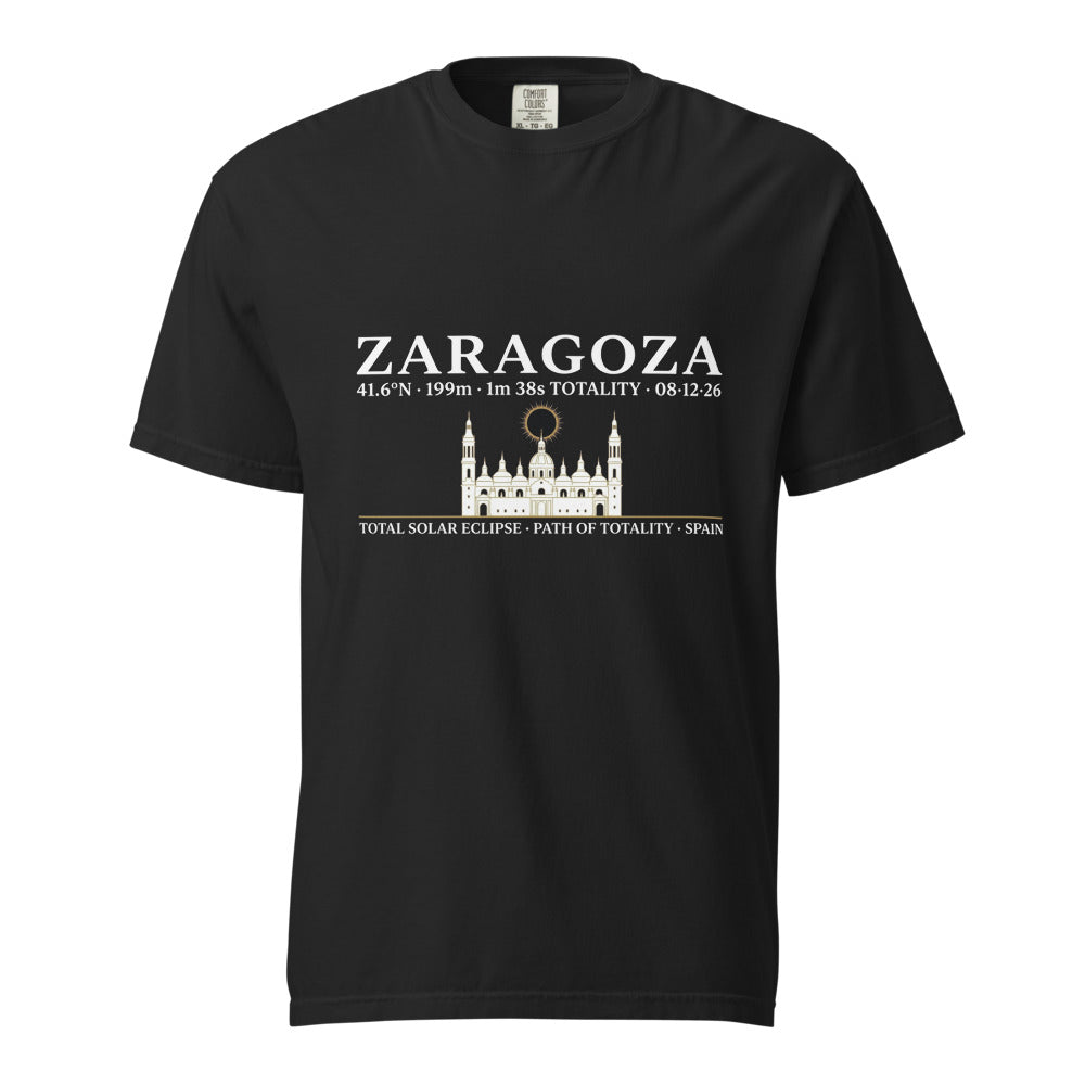 Zaragoza Eclipse 2026 tee on Comfort Colors black — enlarged chest print