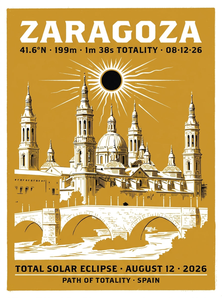 Zaragoza 2026 total solar eclipse art print — vintage WPA-style design with bold serif headline, white baroque basilica silhouette, four corner towers, and eclipse disc on warm gold background