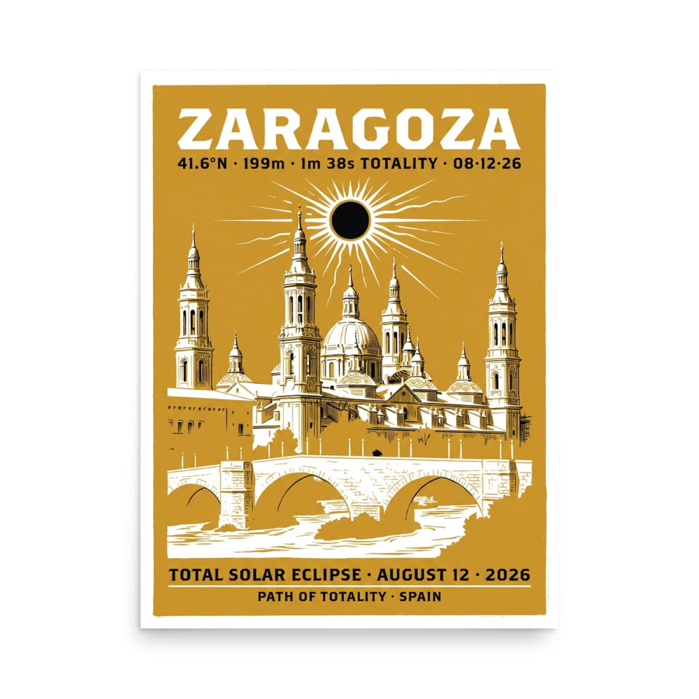 Framed 18x24 Zaragoza Eclipse 2026 poster hanging on a wall, showing warm gold background with white Basílica del Pilar silhouette and black solar corona disc above the Ebro river skyline