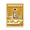 Framed 18x24 Zaragoza Eclipse 2026 poster hanging on a wall, showing warm gold background with white Basílica del Pilar silhouette and black solar corona disc above the Ebro river skyline
